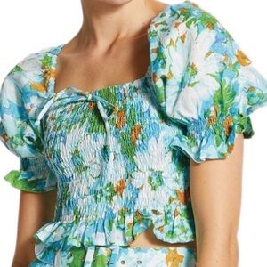 Faithfull the Brand Lenora Gardone Floral Smocked
Puff Sleeve Linen top sz 4 SM